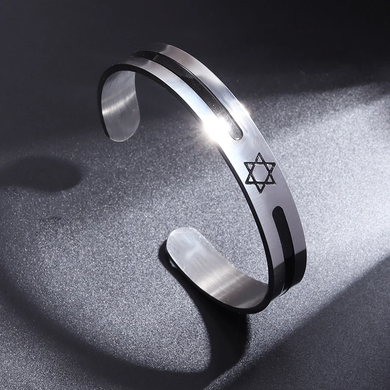 Solomon Seal Star of David Symbol Bracelet Men Women Stainless Steel Cuff Bracelet Judaism Hexagram Religious Amulet Jewelry