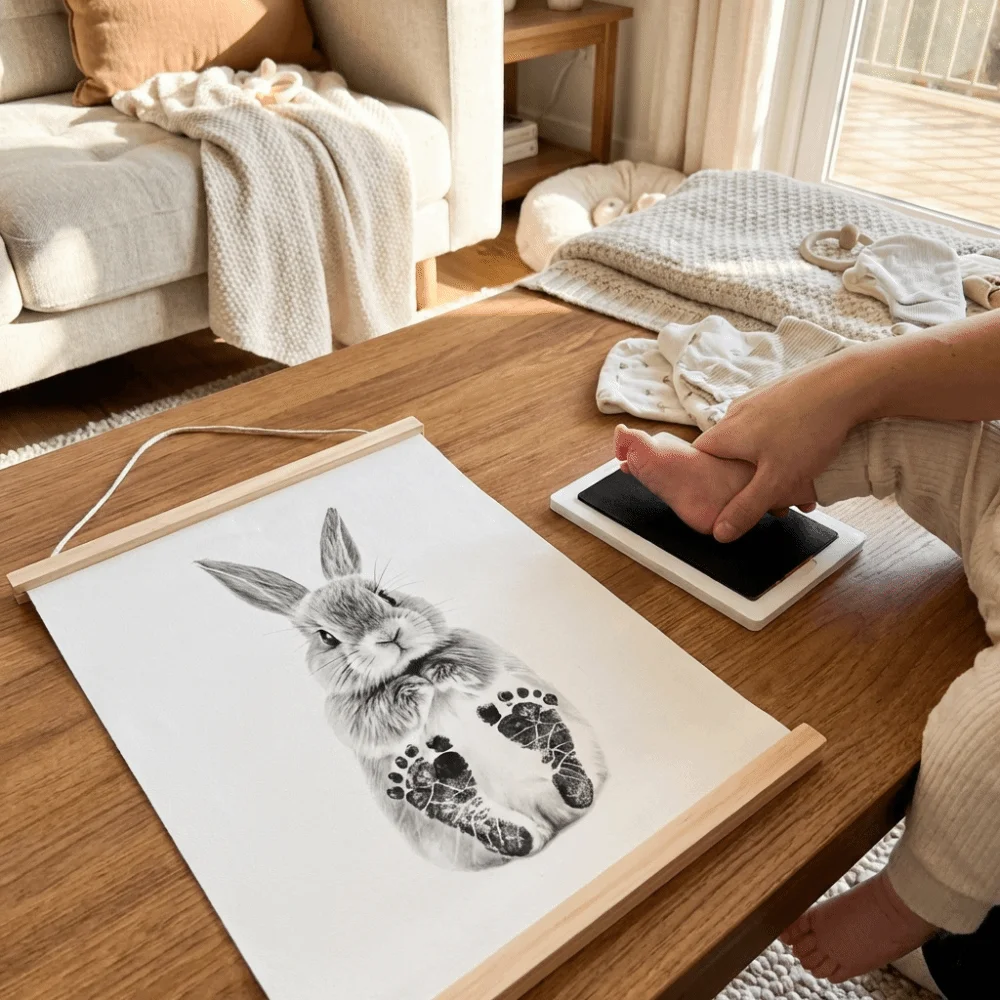 

Креативный деревянный ящик-свиток с отпечатком детской лапки и принтом кролика, памятная картина на холсте к первому годовщине