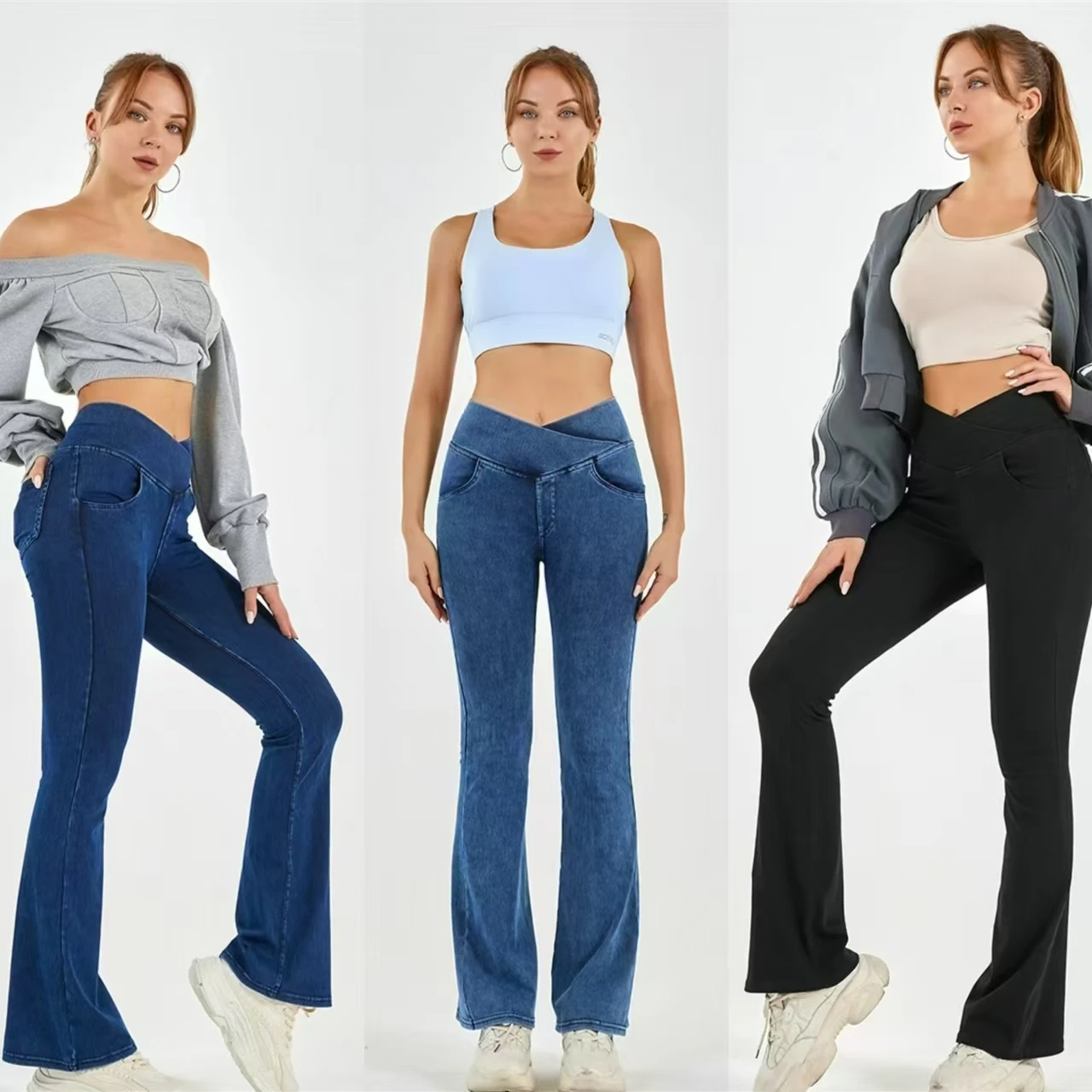 Imitation Denim Sport Yoga Pants Casual Gym Fitness Flare Pants High Waist High Elastic Hip Lifting Trousers