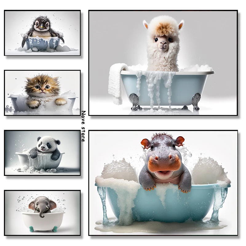 Cute Animals in The Bathtub Poster Alpaca Panda Elephant Duck Canvas Painting Wall Prints Picture for Living Room Home Decor