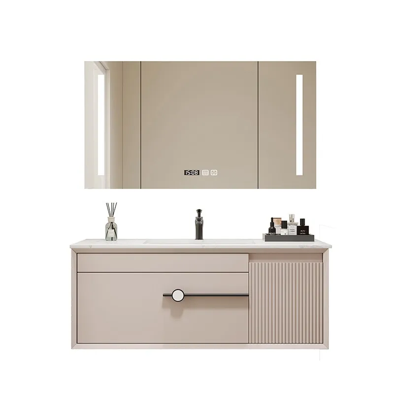

Light luxury rock slab seamless ceramic integrated basin bathroom cabinet combination oak hand wash basin cabinet