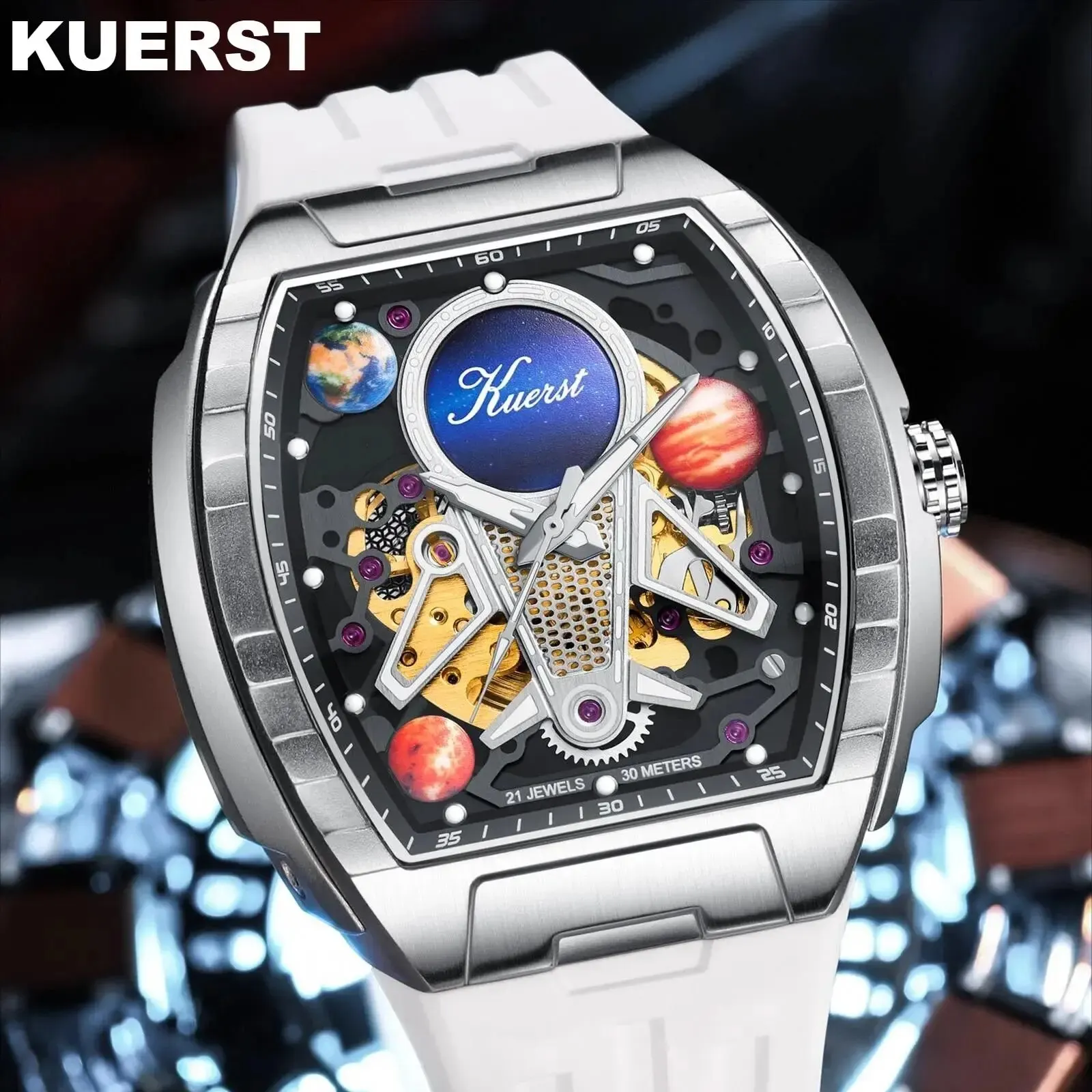 KUERST New Wine Barrel Design Modeling Automatic Mechanical Multi-function Waterproof Hollowstrong Luminous Back through Cool W