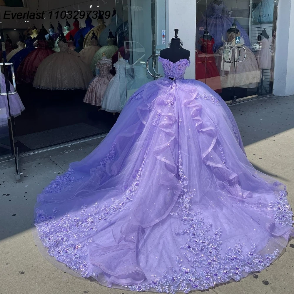 EVLAST Customized Lavender Lilac Quinceanera Dress Ball Gown Lace Applique Beading Cape Sweet 16 Vestido De 15 Anos QD1066