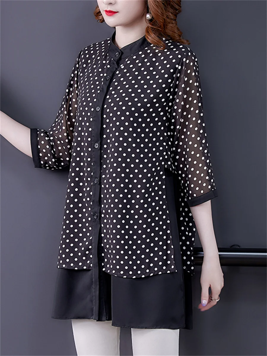 4XL Loos Women Spring Summer Blouses Shirts Lady Fashion Casual Half Sleeve O-Neck Collar Polka Dots Print Blusas Tops CT0420