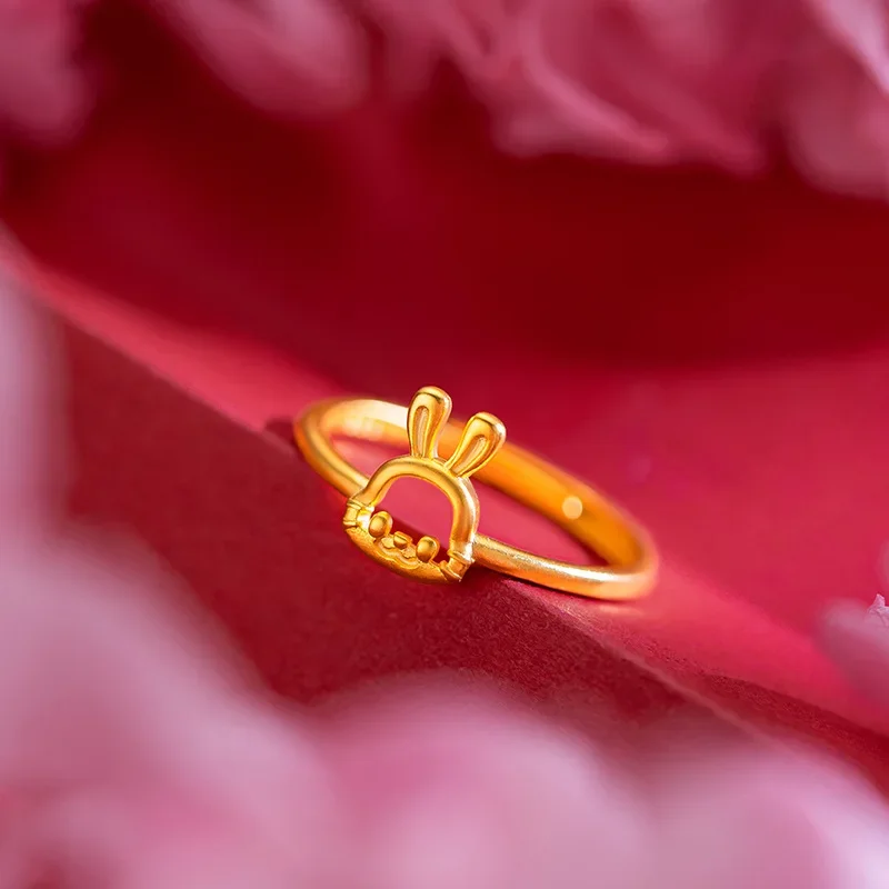 9999 Real Gold 24K Soft and Cute Sweet Girl Bunny Ring Fresh and Cute Hollow Zodiac Rabbit Ring