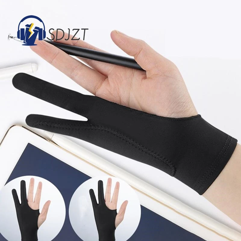 1X Artist Drawing Glove For Any Graphics Drawing Tablet Black 2 Finger Anti-fouling Both For Right And Left Hand Black Free Size