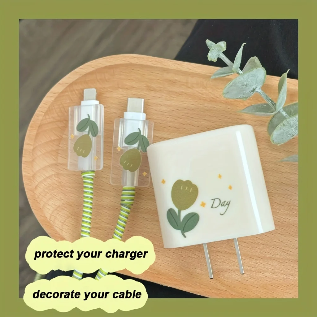 USB Cable Protection For iPhone 15 14 18W 20W Original Charger Protector Cover Green Flowers Protective Data Line Spiral Winder