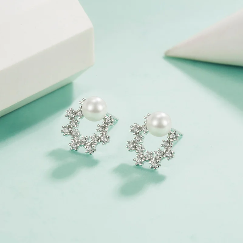 925 Sterling Silver Jewelry New Crystal Pearl Stud Earrings For Women Fashion XY0504