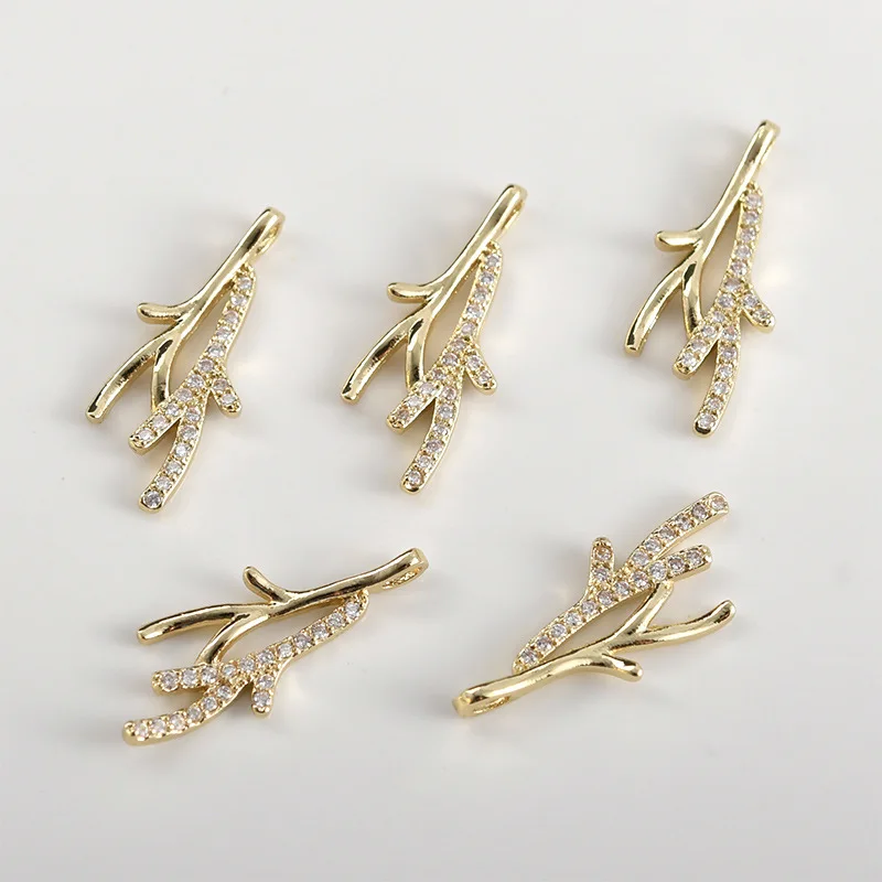 14k Gold Color Retention Micro-inlaid Zircon Antlers Tree Branches Pendant DIY Handmade Bracelet Necklace Earrings Accessories