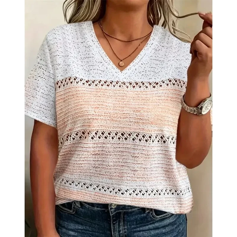 Women's striped color block 3D print t-shirts, streetwear, short-sleeved V-neck, Y2k t-shirts