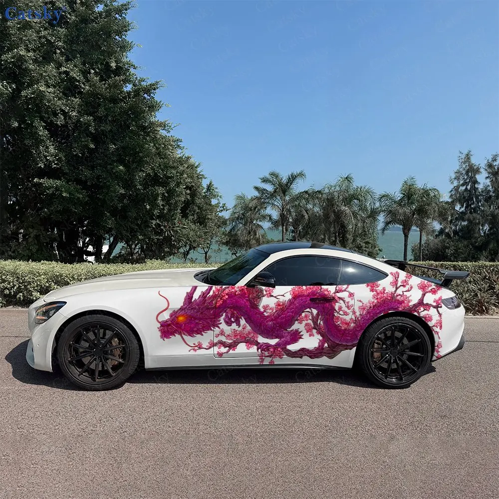 2pcs Cherry Blossom Dragon Car Decal Full Body Floral Decoration Covering Scratches Protect Car Decal Waterproof Car Vinyl Wraps