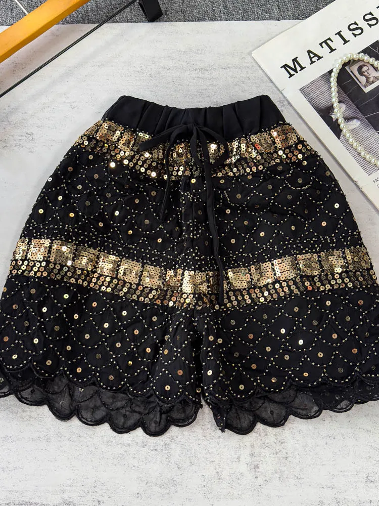 

Gyaru Fashion Y2K Shorts 2025 Summer New Women Hot Pants Elegant High Waist Wide Leg Pant Sequined Nail Bead Shorts With Ruffles