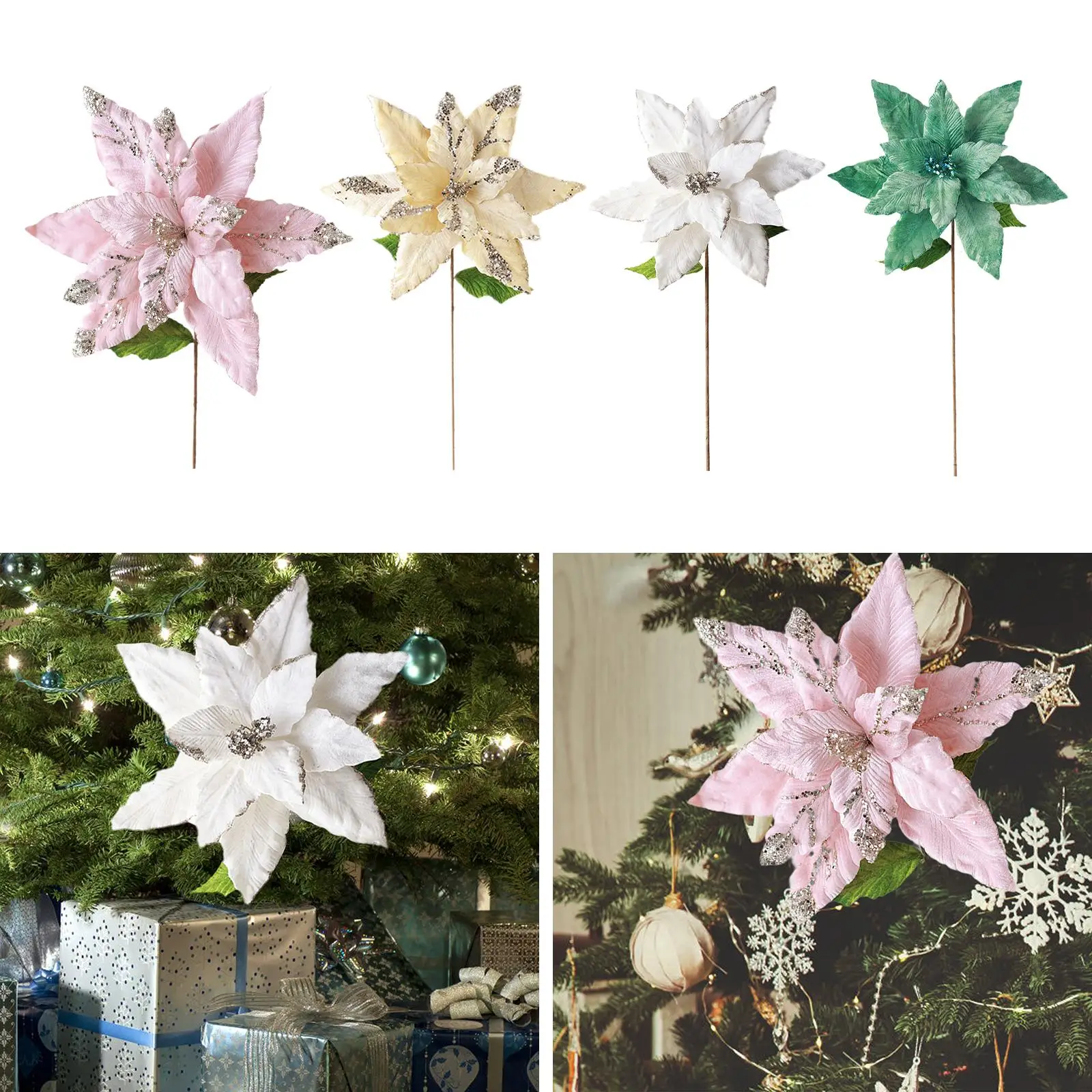 Świąteczne sztuczne kwiaty Centerpieces Party Decoration Craft Xmas Glitter Silk Flower for Porch Window Home Indoor Festival