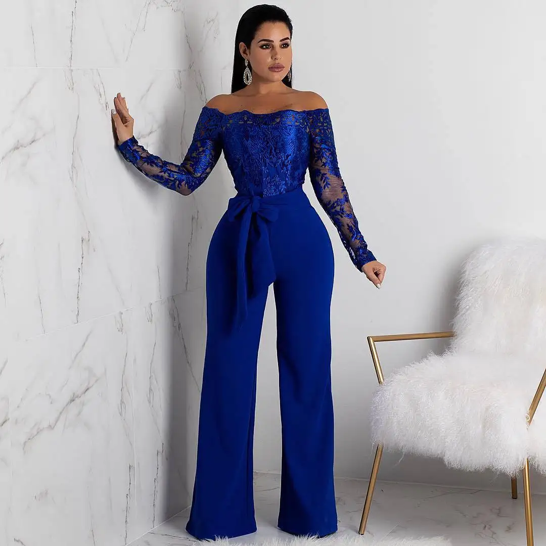 2024 Casual Solid Lace Splicing Wide Leg Jumpsuit Women Sexy  Off Shoulder Lace Tops Wide Leg Pants Jumpsuit