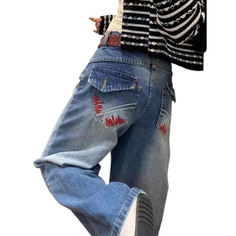 

Удлиненные джинсы-клеш в американском стиле с вышивкой, женские, новые, с высокой талией, тонкие, прямые, длиной в пол
