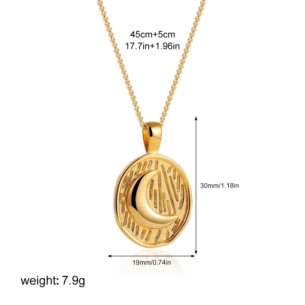 Retro Waterproof Stainless Steel Sun Moon Oval Pendant Necklace for Women Trendy 18K Gold Plated Striped Necklaces Charm Jewelry