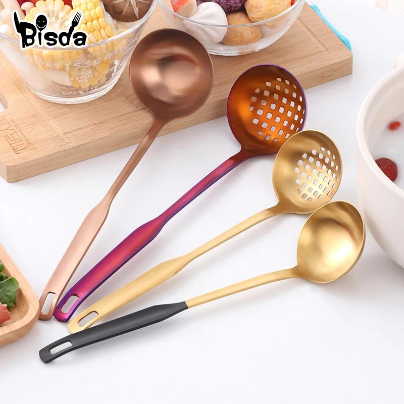 2Pcs Stainless Steel Cookware Frosted Soup Ladle & Colander Spoon Set Kitchen Tools Long Handle Slotted hollow Spoon Wall Hang