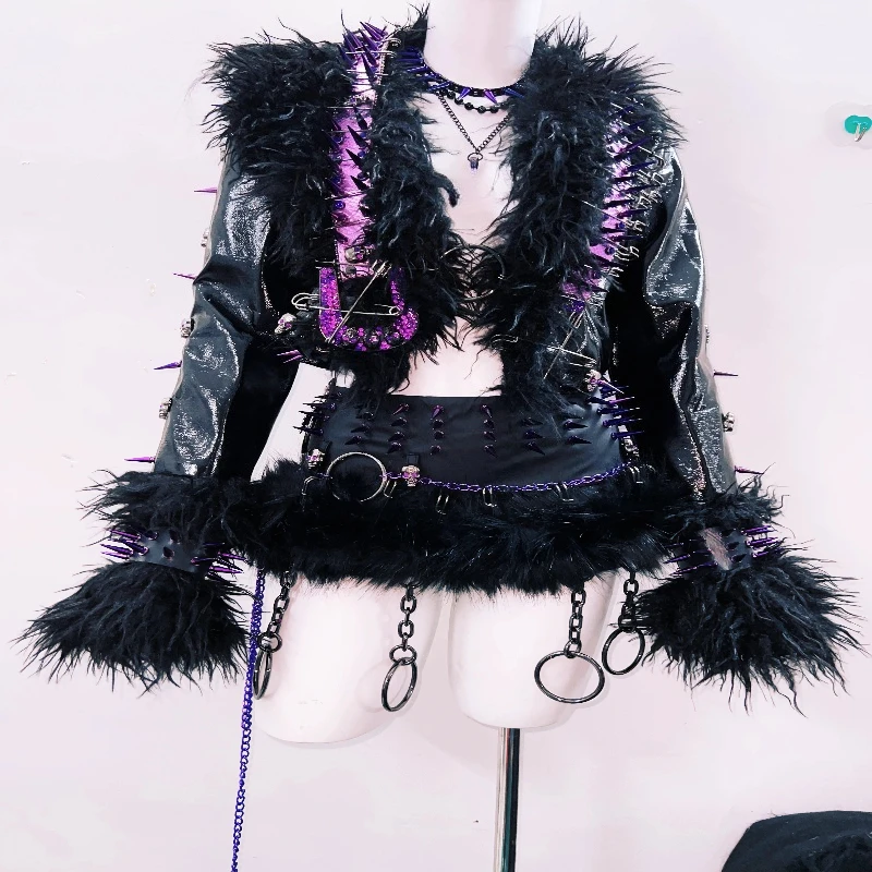 الأصلي الأرجواني حزام الشرير بولي Leather جلد المرأة معطف القوطية الظلام الفراء الربط الرجعية تنورة قصيرة الحلو كول برشام التنانير مجموعة السيدات #3