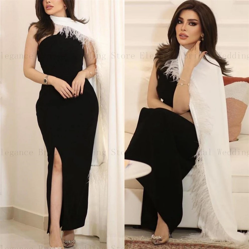 

Elegant Black Trumpet Prom Dresses with Split for Women Ankle-Length Strapless Formal Dress with Feathers Backless vestidos