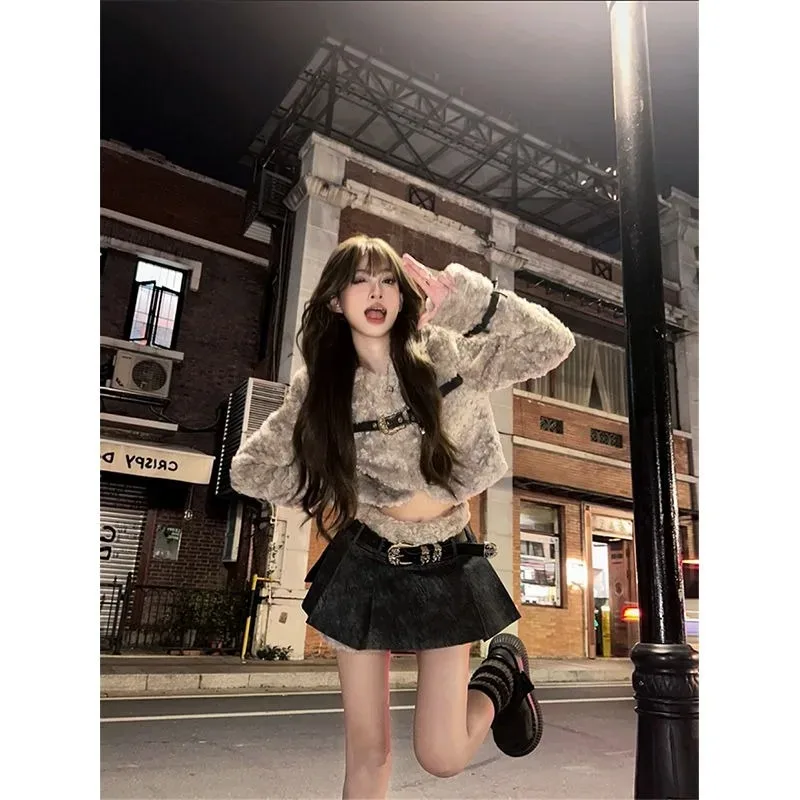 Spicy Grey Lamb Fleece Coat Pleated Skirt Two Piece Set Women Korean Spliced Soft Glutinous Fashion Winter Warm Waist Slim Suit