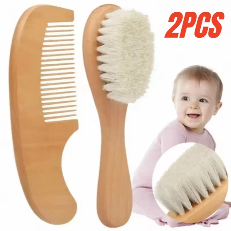 

2 Pcs Newborn Baby Wool Baby Wooden Brush Comb Newborn Hair Brush Infant Head Massager Portable Baby Comb Hair Bath Brush Comb