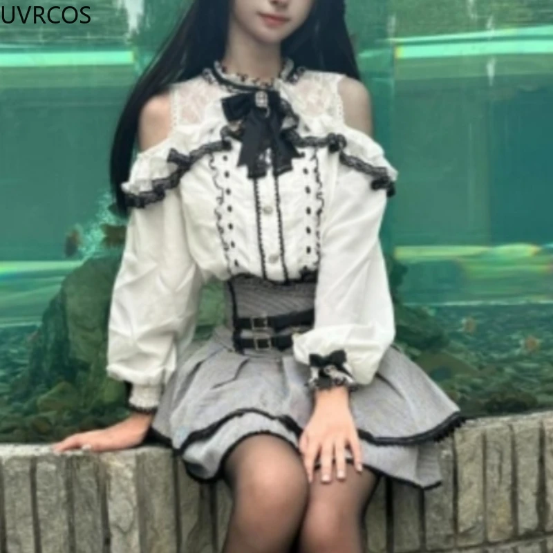 Japanese Gothic Lolita Style Skirt Set Women Cute Bow Off Shoulder Blouses Plaid Mini Skirts Suits Female Korean Y2k 2 Piece Set