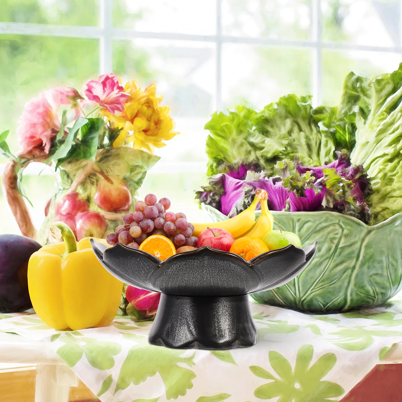 

Lotus Footed Fruit Bowl Ceramic Plate Chinese Style Household Kitchen Counter Decorative Snack Tray Dessert Dish