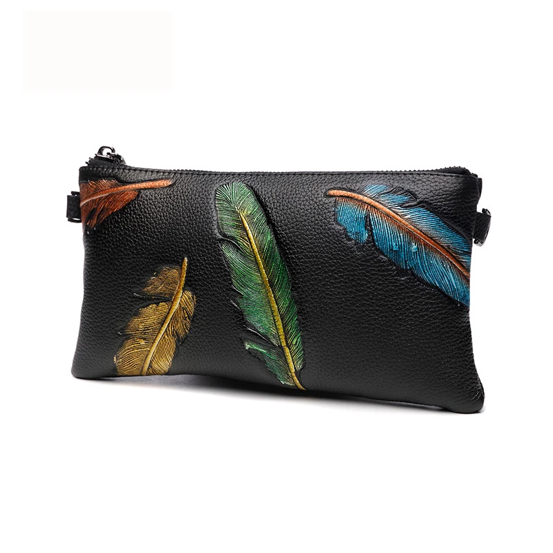 Ladies Fashionable Purse Genuine Cowhide Leather Feather Pattern Crossbody Shoulder Bag Clutch for Women Female Messenger Bag