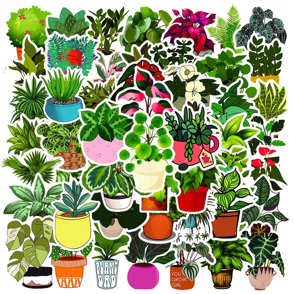 Pegatina de dibujos animados de plantas en maceta, 10/30/50 piezas, decoración de tendencia creativa, impermeable, para monopatín y refrigerador, venta al por mayor