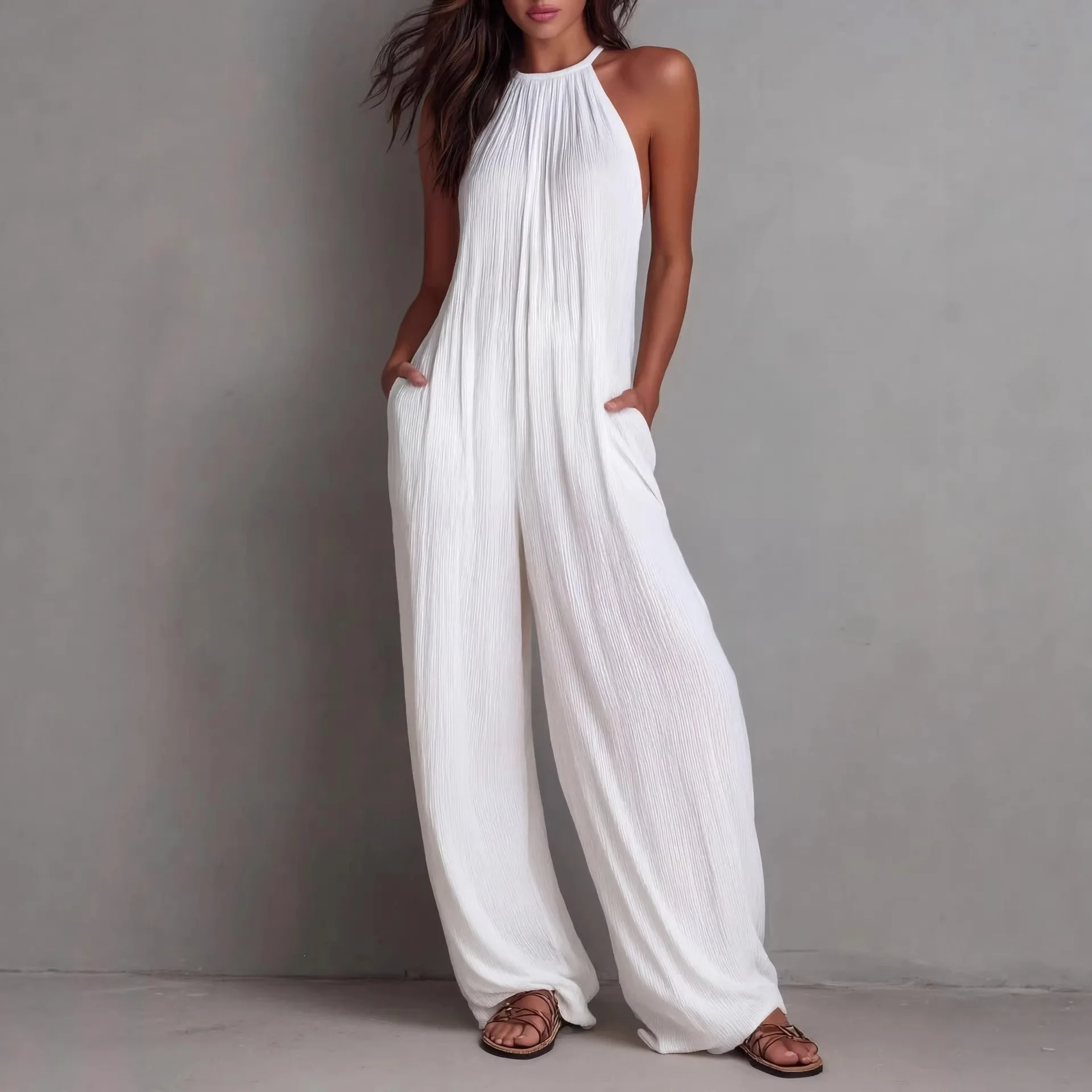 2026 Women Halter Neck Off Shoulder Jumpsuit Sleeveless Loose Wide Leg With Pockets Casual Summer Beach