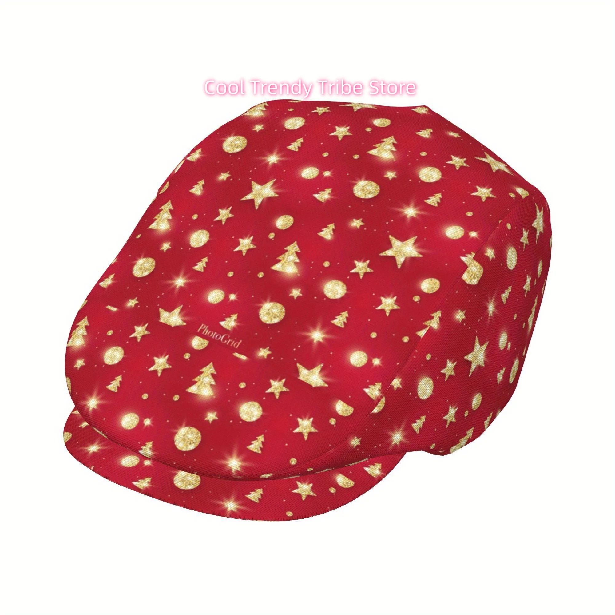 1pc Red Background with Golden Christmas Elements Full Face Print Beret Fashion Newsboy Cap Unisex Golf Cap Outdoor Sports Leisu