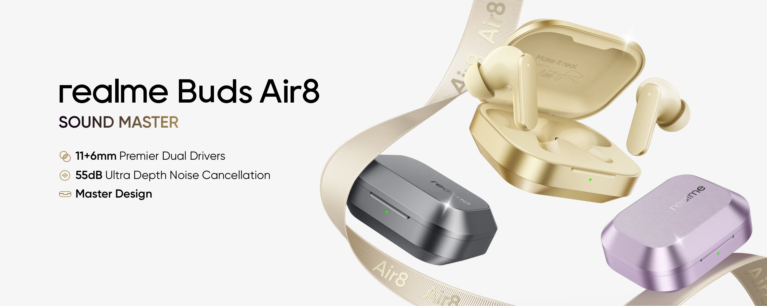 Globale Version realme Buds Air 8 Kopfhörer 55dB Ultra-Tiefen-Geräuschunterdrückung 11+6mm Premium Dual-Treiber Master-Design IP55 – Detail 1