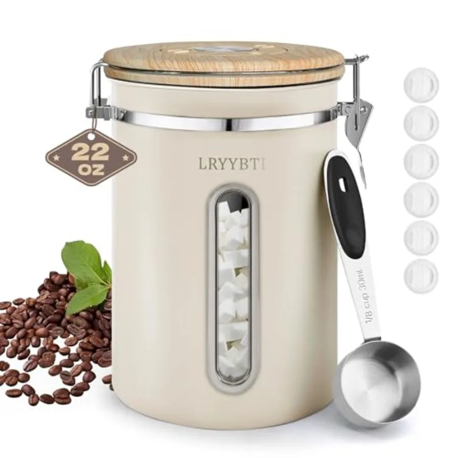 

Coffee Canisters with Window, Scoop and Airtight Lid Stainless Steel Kitchen Bean Storage Grounds Container Date Tracker and Sc