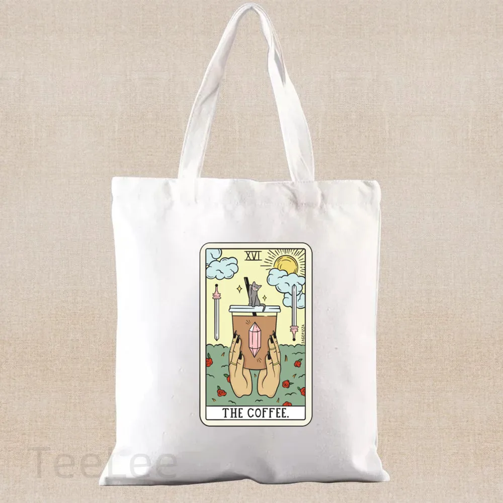 Funny Tarot Shoulder Bags for Women Printed the Wine Coffee Casual Tote Bag Large Reusable Shopping Bags White Canvas