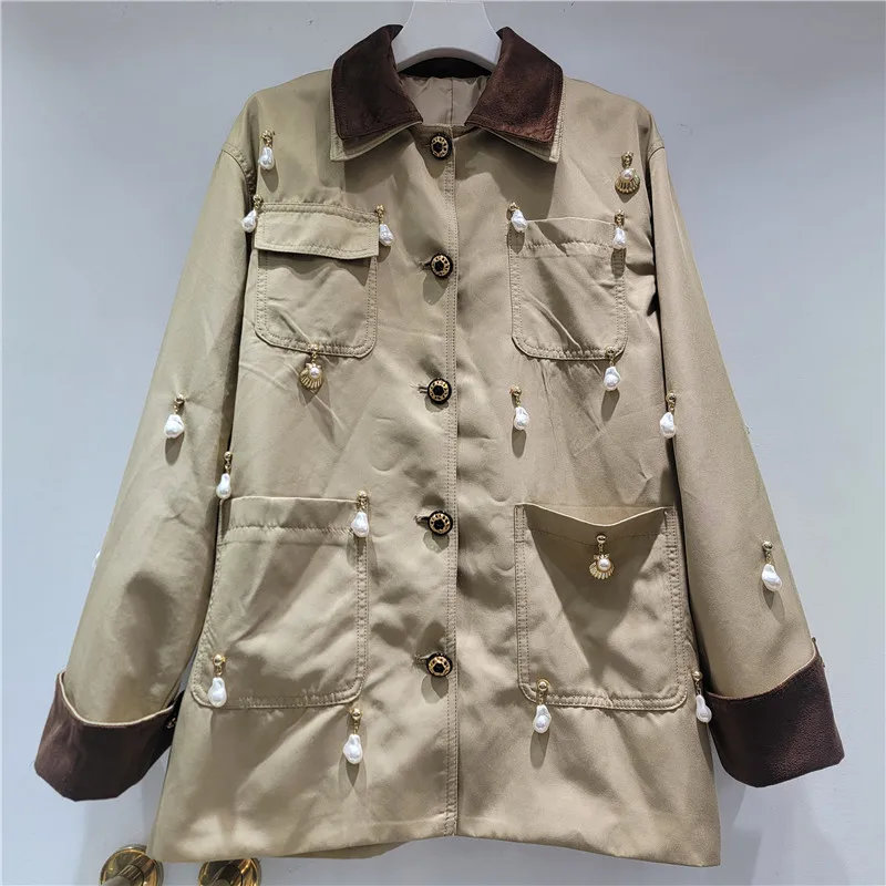 

Women Trench Pearl Shell Coats Autumn Niche Gorgeous Pendant Decorative Windbreaker Mid-length Jacket Lapel Personality Street