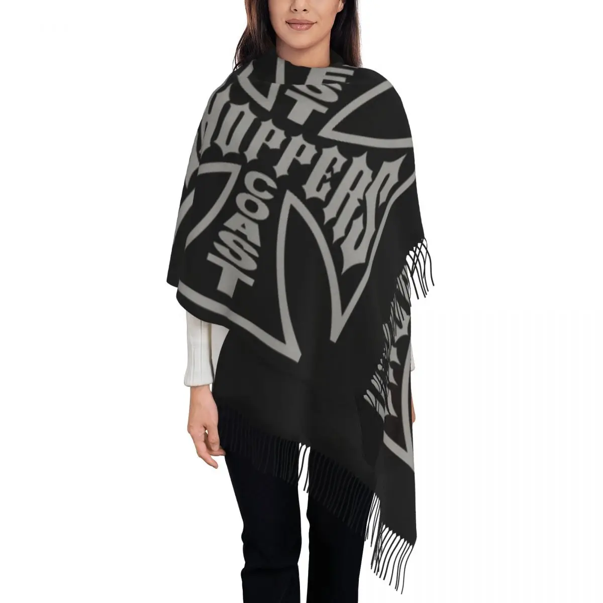 West Coast Iron Cross Choppers Tassel Scarf Women Soft Shawls Wraps Ladies Winter Scarves