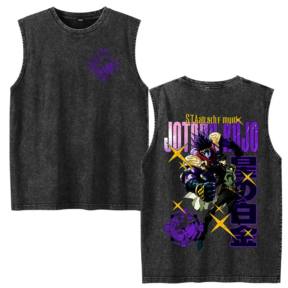 Anime Jojo Bizarre Adventure Jotaro Kujo Star Platinum Vintage Acid Washed Tank Tops Men Women Clothing Sleeveless Vest T-shirts