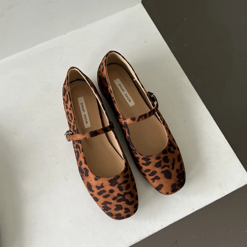 2024 Women Flats Ballet Square Toe Mary Jane Shoes Shallow Lady Casual Soft Ballerina Slip On Mule Slipper Slides Leopard Sandal