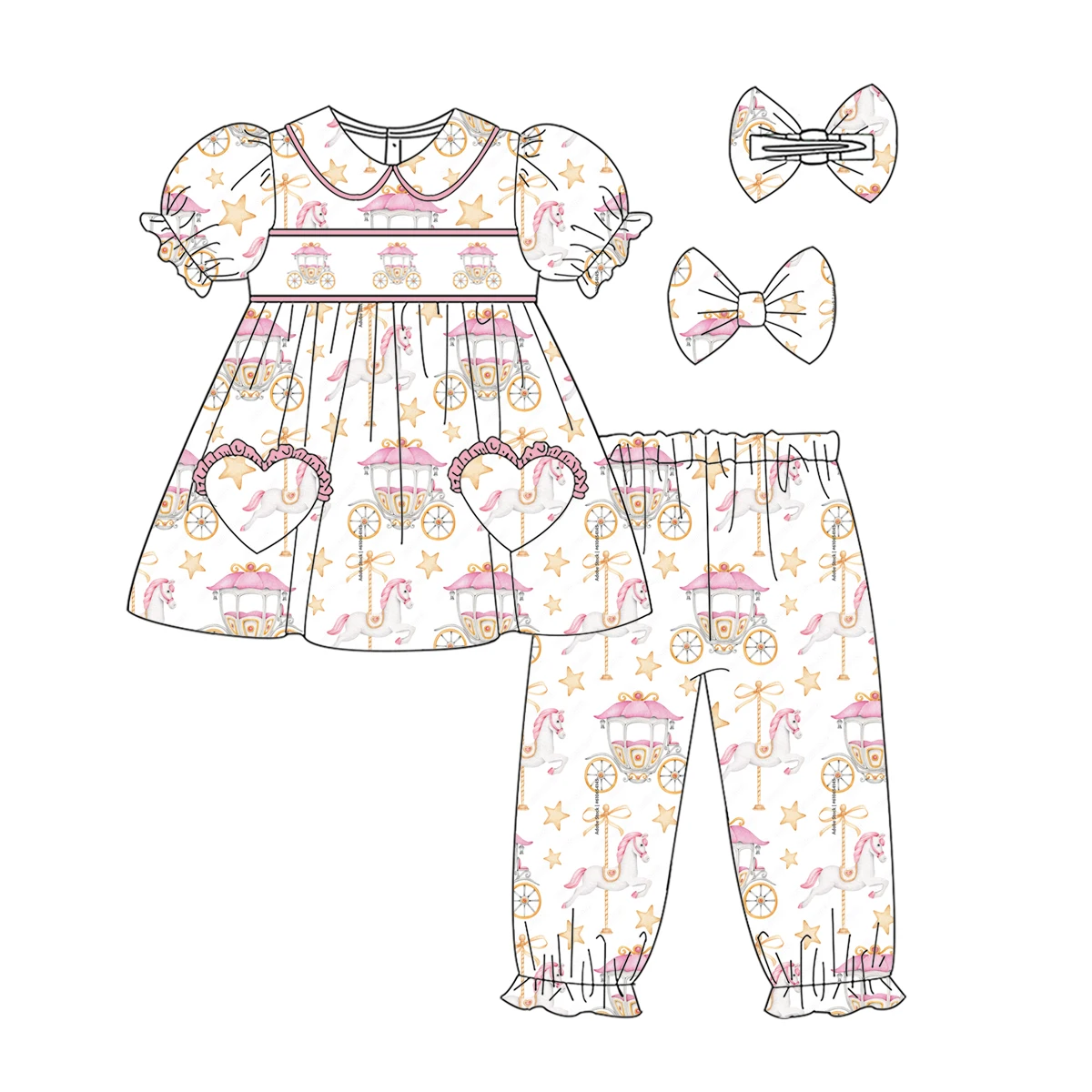 New series of Boutique children's set lapel short-sleeved trousers girls boys long-sleeved set Trojan horse cartoon print set