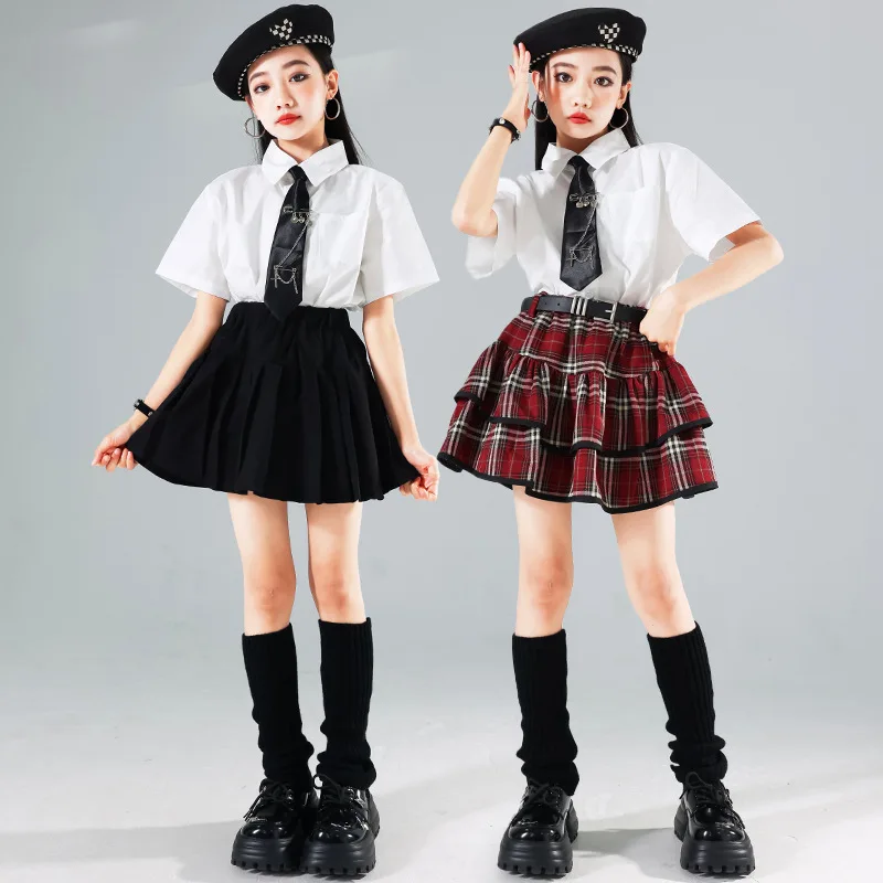 

Girls Street Dance Clothes Sets White Short Sleeve Shirt K-pop Plaid Tiered Skirts Kids School Uniforms Streetwear Jazz Costumes