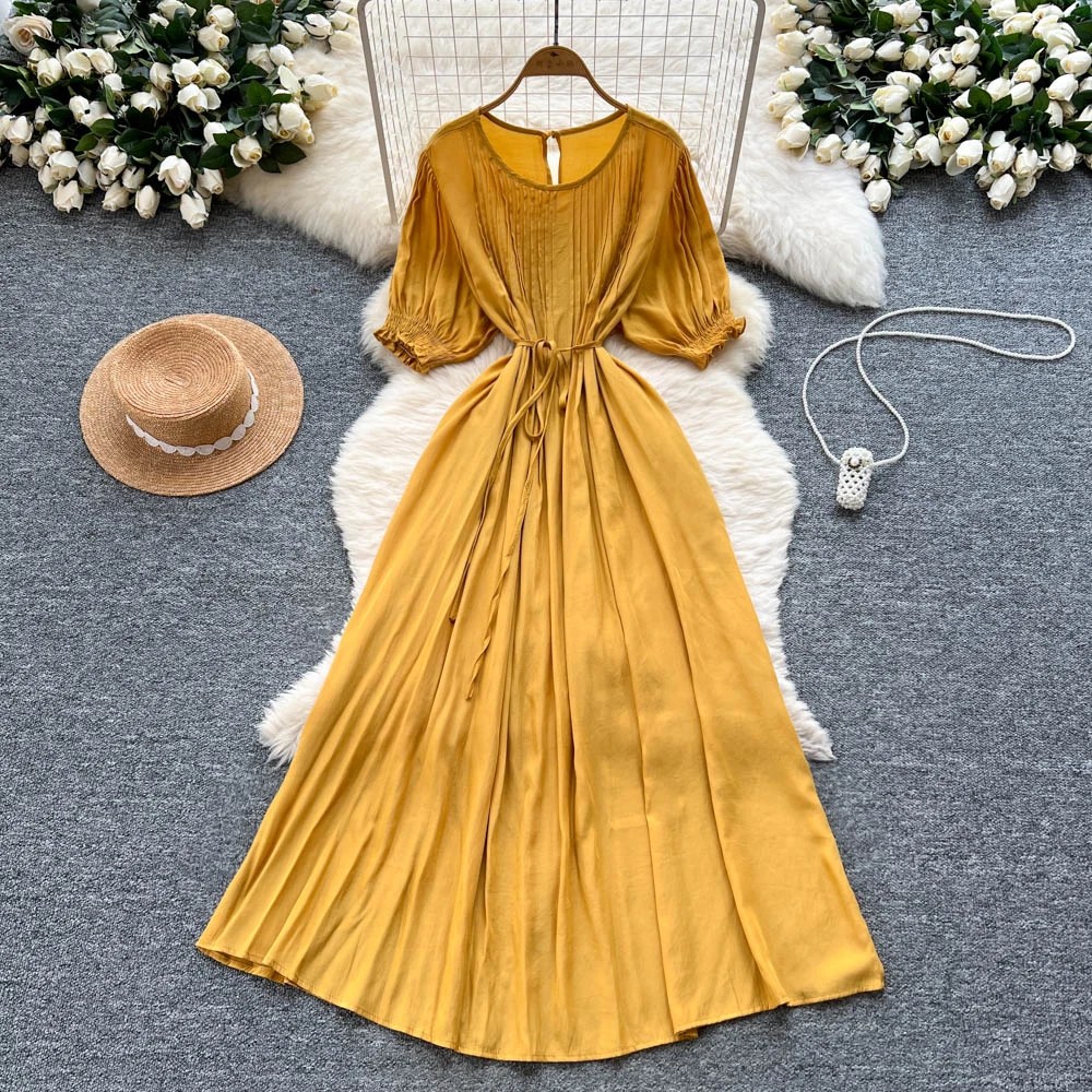 Elegant lace-up loose short sleeve Vintage Chic  Slim Ball Gown Dresses French Evening High Street Clothing