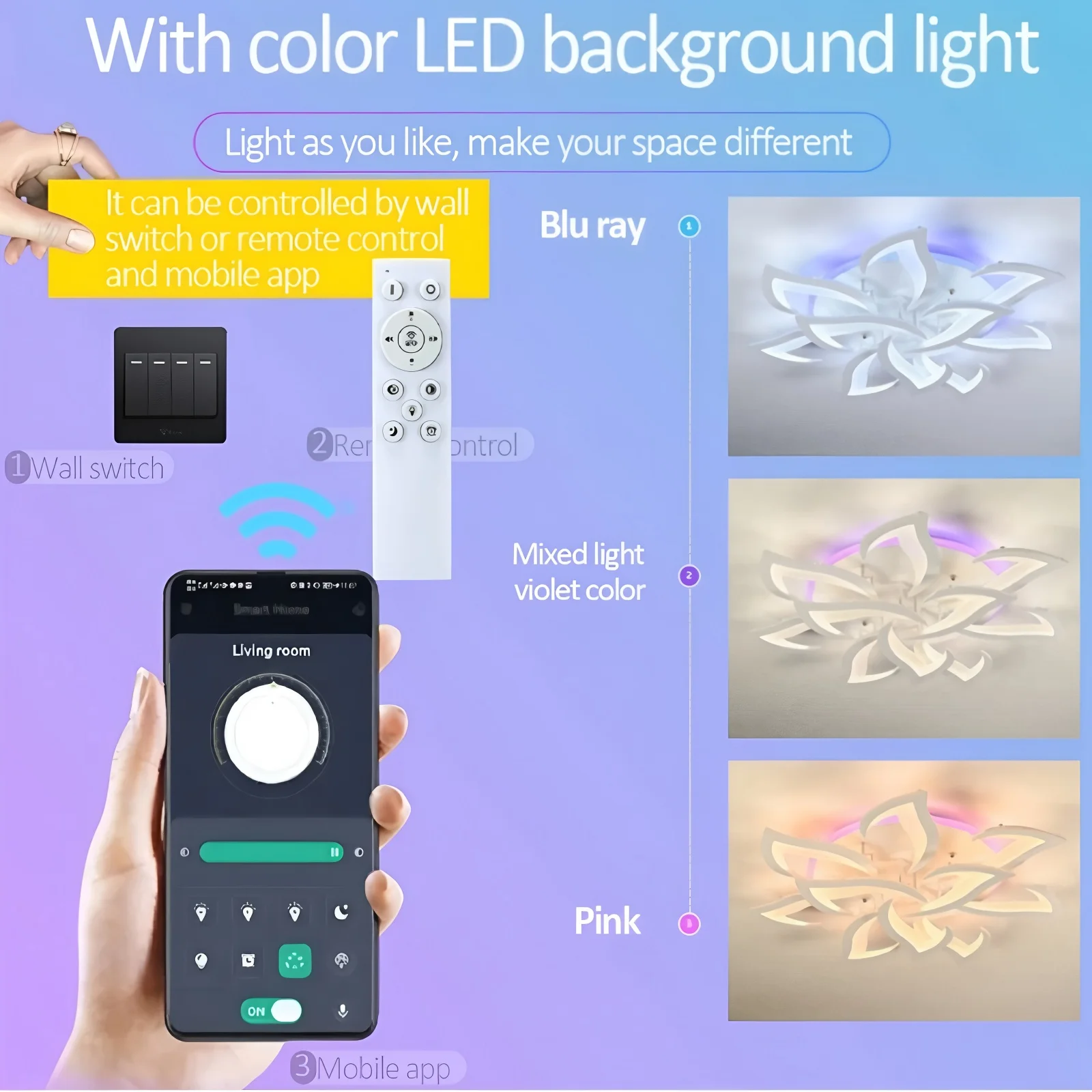 RGB الحديثة Led مصباح عكس الضوء بريق ثريا تركب بالسقف التحكم عن بعد غرفة المعيشة غرفة نوم تركيب المصابيح إضاءة زينة المنزل #5