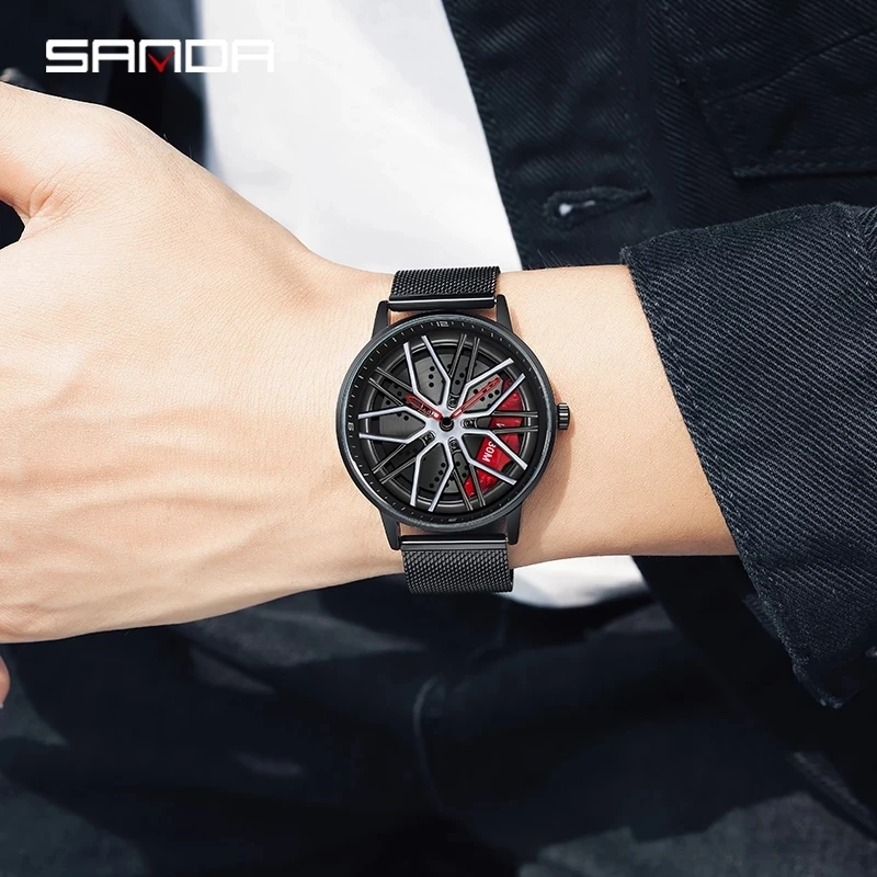 Fashion 360° Spinning Sanda 2024 Top Brand Full Steel New Flagship Men Quartz Unique Racing & Furious Rotating Wheel Gifts Watch