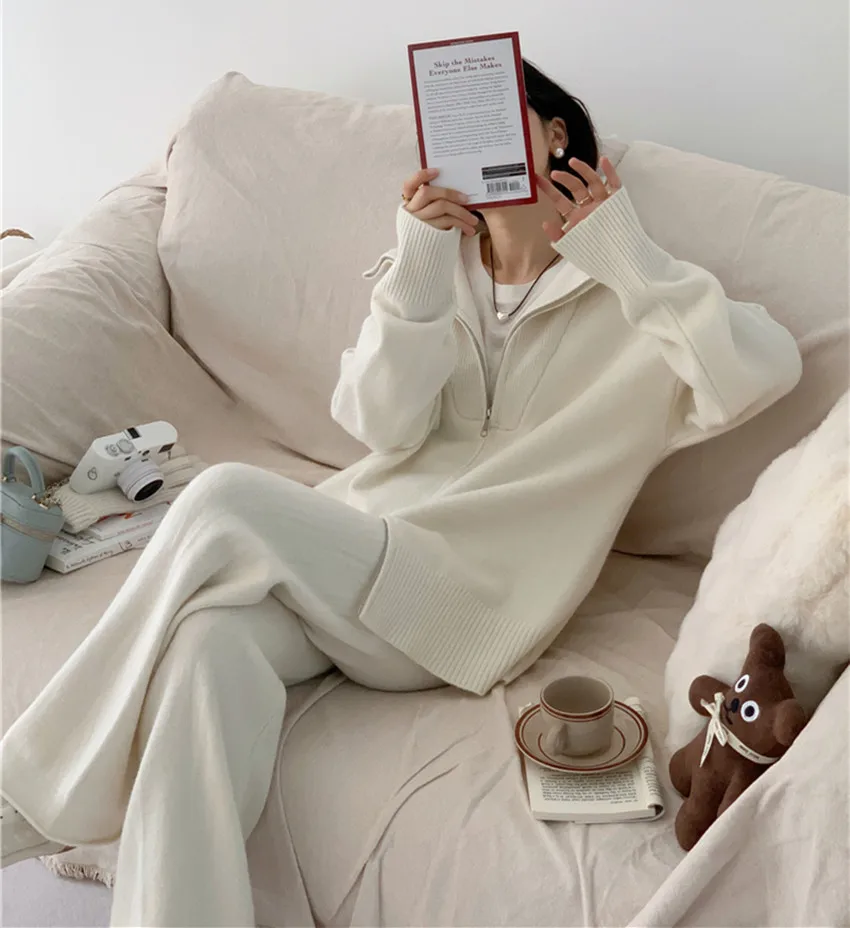 Casual Winter Sweaters Pant Two Piece Set For Women Lapel Collar Zippers Knitted Losse Cardigan Jacket + Wide-Leg Trousers Suits