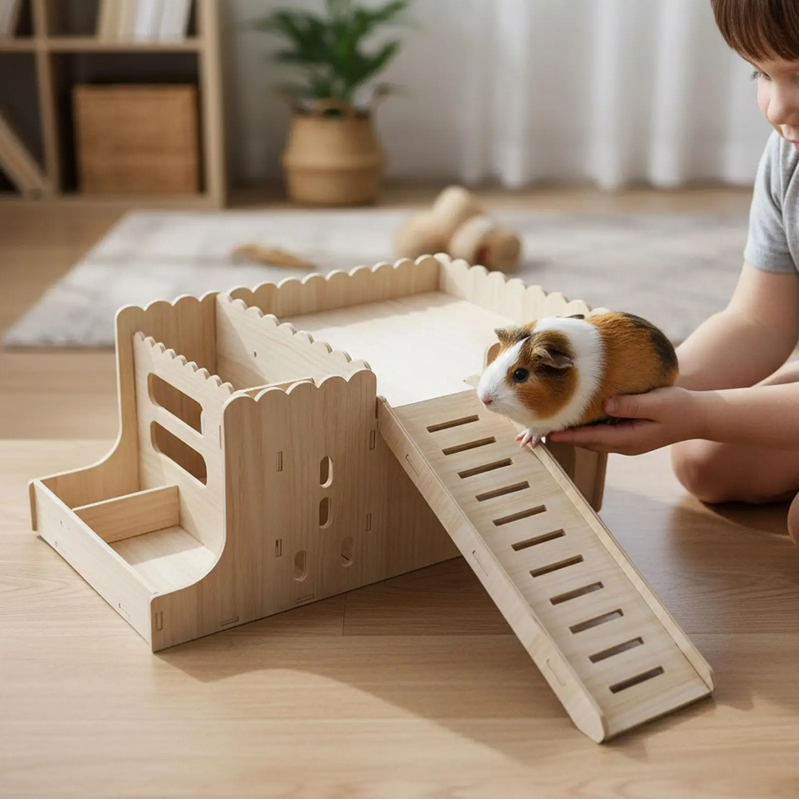 Durable Wooden Hamster Hut Featuring Climbing Ladder and Feeder for Bunny Dwarf Rabbit Chinchilla Hideaway