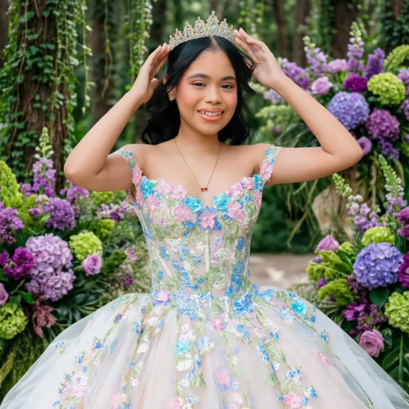 

Light Color Quinceanera Dresses Off the Shoulder Crystal Decal 3D Flower Long tail Bow Vestidoe 15 Quinceanera Customize