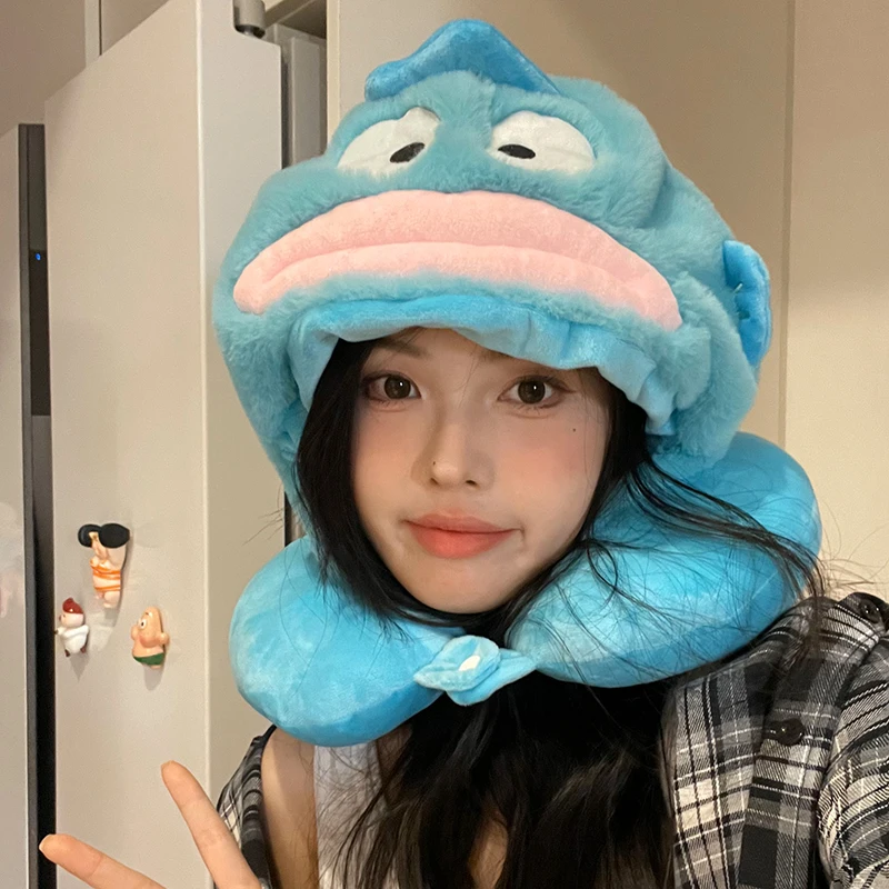 Sanrio Hangyodon U-shaped Hooded Neck Pillow Stuffed Anime Travel Blackout Nap Pillow Office Disney Lilo Stitch Pillow With Hat