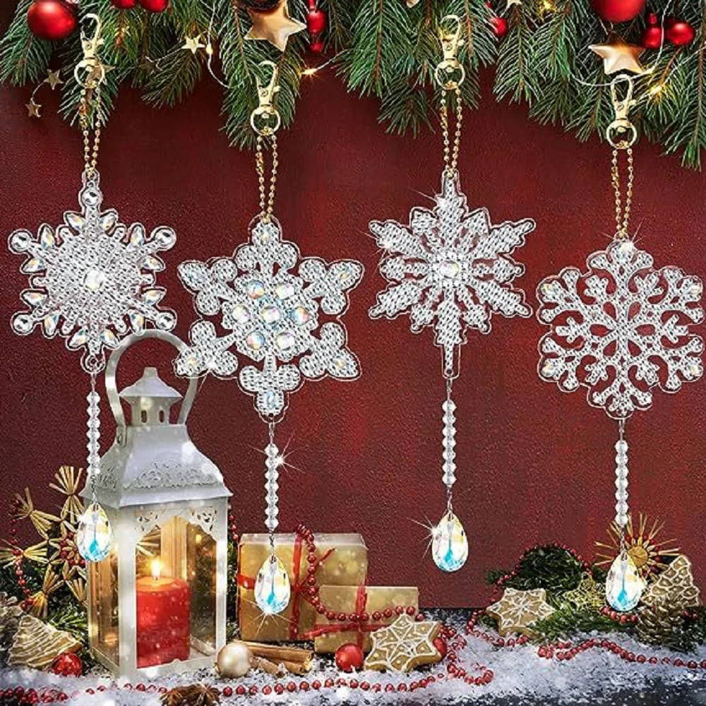 4Pcs Christmas Diamond Painting Point Drilling Crystal Wind Chimes Double-sided Snowflakes Handiwork Pendant DIY