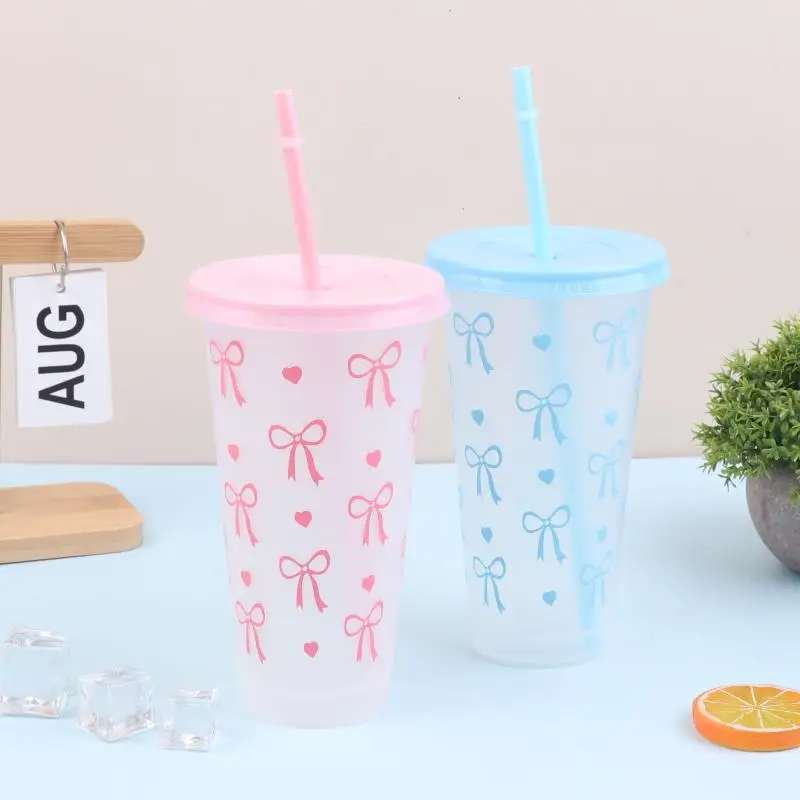 1 قطعة 700 مللي مع الأغطية سيبي الصيف كوب امتصاص الوردي القوس سعة كبيرة زجاجة ماء عصير كوب حليب القدح البارد