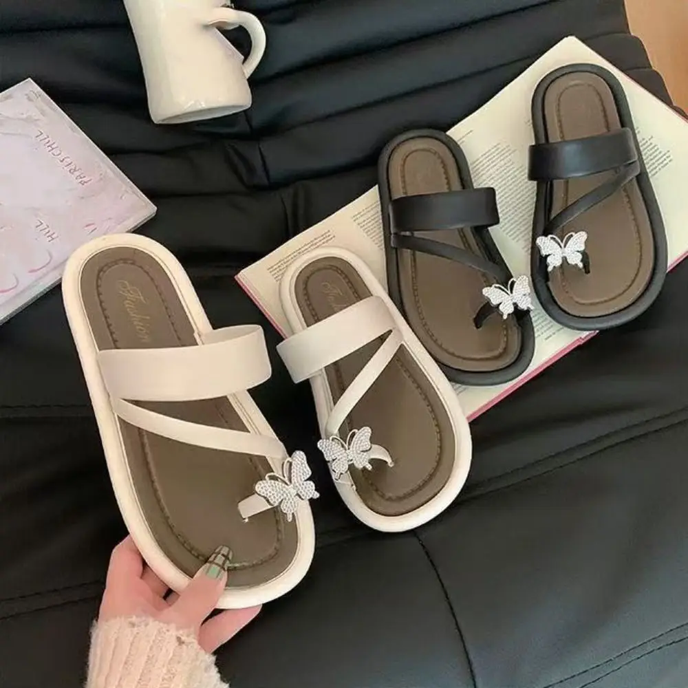 Comfortable Non-Slip Crystal Butterfly Flip Flops PVC Soft Sole Beach Toe Slippers Beachwear Shoes Flat Bottom Slippers Summer